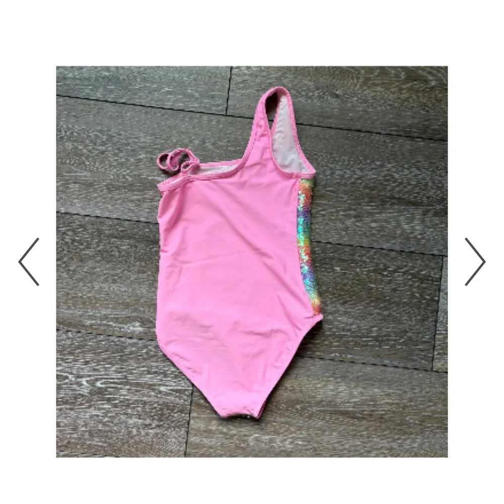 Lola + The Boys Rainbow Sequin One-Piece Swimsuit size 8 with Pink Trim